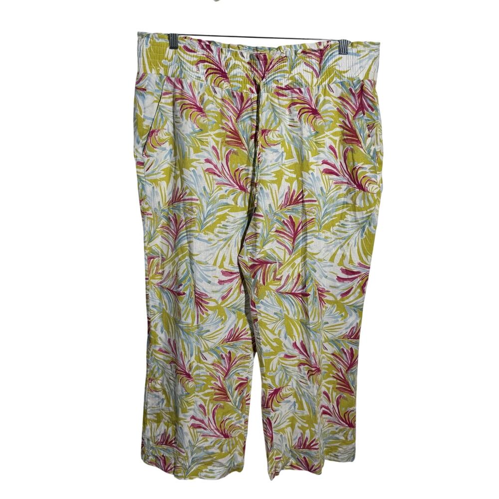 Land N Sea Linen Rayon Tropical Palm Print Capri Pants Women XL Resort‎ Coastal